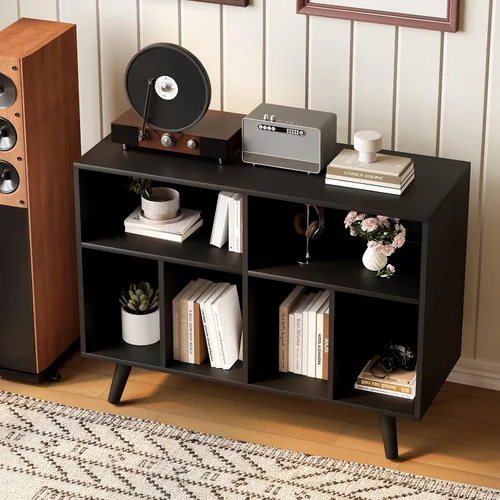 Miniatura 3 de IDEALHOUSE Soporte para tocadiscos con almacenamiento de vinilo, 39.5 pulgadas, soporte grande para tocadiscos de vinilo de madera, soporte