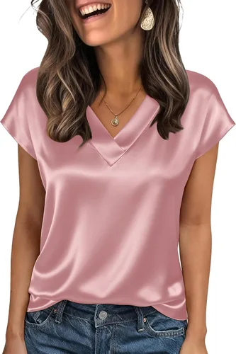 Miniatura 10 de Zeagoo - Camisetas de mujer de satén de seda, tops de manga corta con cuello en V, blusas para negocios y conjuntos casuales, talla S-2XL