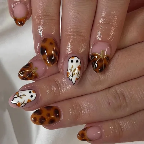 Miniatura 22 de Uñas postizas a presión de Halloween, uñas postizas cuadradas cortas con diseños de gato negro, acabado degradado brillante, cobertura completa