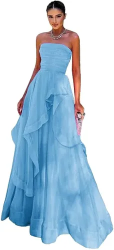 Vestidos de fiesta sin tirantes largos con cordones en la espalda vestido de tul mujeres formal A-Line tubo volante DR0181