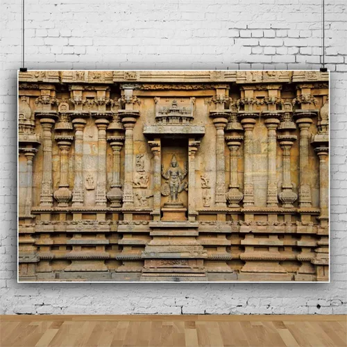 Miniatura 2 de AOFOTO Telón de fondo tallado de templo hindú de 5 x 4 pies de Thanjavur, antiguas columnas de templo Brihadishvara, ídolos tallados en fondo