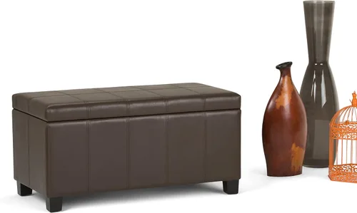 Miniatura 4 de SIMPLIHOME Dover Storage - Banco otomano rectangular tapizado de cuero vegano de 36 pulgadas de ancho en marrón chocolate, banco contemporáneo