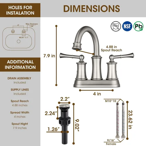 Miniatura 2 de Grifo central de baño de 4 pulgadas de níquel cepillado, grifo de baño de 2 manijas de 3 agujeros, grifo de baño de latón antiguo con desagüe