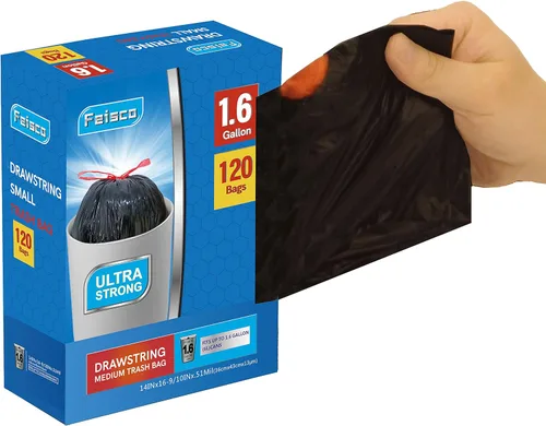 Miniatura 8 de Feisco Bolsa de basura negra de 6 a 7 galones, forro de cubo de basura con cordón mediano, 100 unidades, 0.67 mil