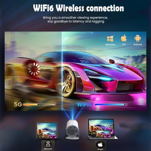 Miniatura 3 de Proyector HY300 con WIFI6 y Bluetooth, soporte 4K 1080P con Android TV 11.0, mini proyector portátil giratorio 180°, proyector de película auto