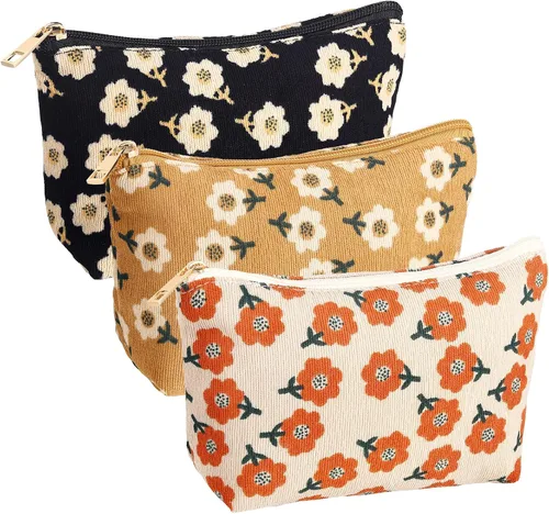 Miniatura 10 de Photect Juego de 3 bolsas de maquillaje floral para bolso, bolsa de lona de pana, pequeña bolsa de cosméticos para mujeres, mini artículos