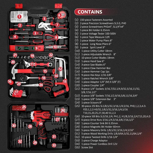 Miniatura 2 de KingTool Juego de herramientas de 276 piezas – Kit de herramientas con taladro eléctrico inalámbrico de 12 V, caja de herramientas con cajón, juego