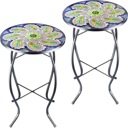 Miniatura 11 de Arbuxzuy Mesa auxiliar pequeña de 12 pulgadas para exteriores con mosaico azul-blanco, mesa de patio con mosaico de vidrio para interiores, mesa