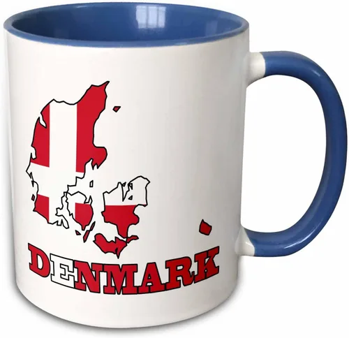 Miniatura 11 de 3dRose La bandera de Dinamarca en el mapa del contorno del país y el nombre, Dinamarca. Taza negra de dos tonos de 11 oz