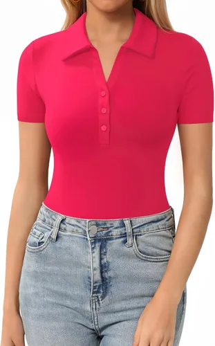 Miniatura 11 de HERLOLLYCHIPS Womens Short Sleeve Tops V Neck Button Down Collared Fitted Shirts