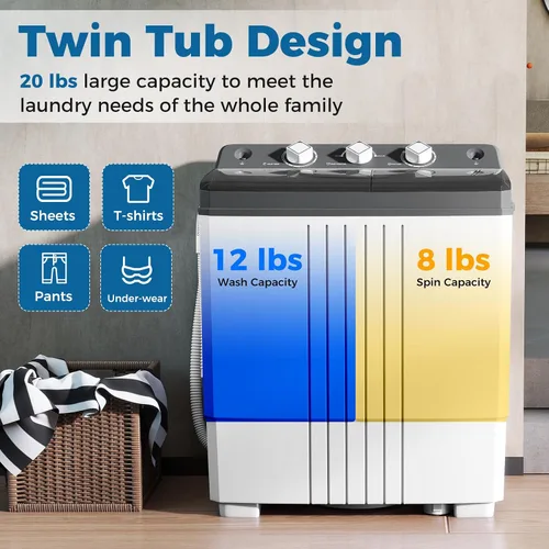 Miniatura 4 de COSTWAY Lavadora Portátil, Doble Tina de 20 Libras de Capacidad, Lavadora de 12 Libras y Centrifugadora de 8 Libras con Bomba de Drenaje, Control