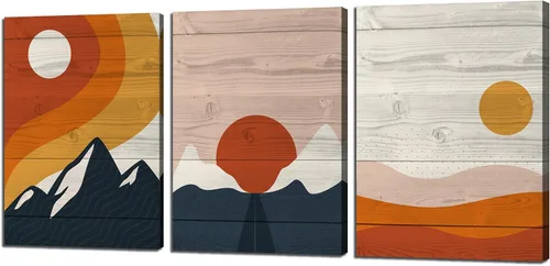 Pintura solar para pared, diseño de líneas bohemias, montañas, decoración de pared de mediados de siglo, juego de 3 lienzos impresos en lienzo,