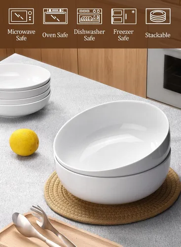 Miniatura 7 de Juego de 2 cuencos grandes para servir pasta de 120 onzas, 24.6 cm, cuencos grandes de porcelana para ensalada de cocina, grandes cuencos blancos