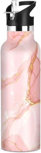 Kids Water Bottle with Straw for School Leakproof Kids Insulated Water Bottle 20oz, BPA-Free, Marble Golden Veins