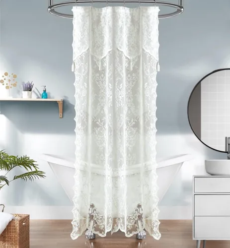 Miniatura 12 de Warm Home Designs Cortina de Ducha para Cabina Negra de 36 x 72 Pulgadas con Cenefa Adjunta y 4 Borlas. Cortina de Ducha Pequeña de Encaje de Lujo