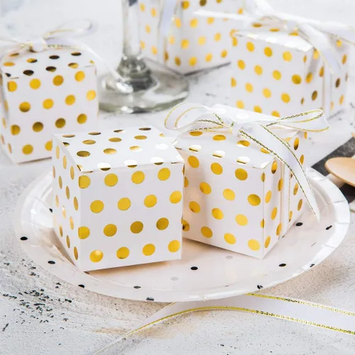 Miniatura 2 de AWELL Caja de dulces de regalo blanca a granel con puntos dorados de 2 x 2 x 2 pulgadas con cinta para recuerdos de fiesta, puntos dorados, paquete