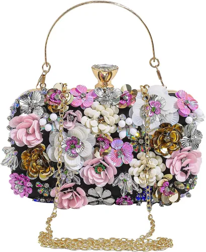 Miniatura 3 de Bolso de noche floral para mujer, bordado con cuentas, bolso de mano vintage con perlas, elegante bolso cruzado de hombro