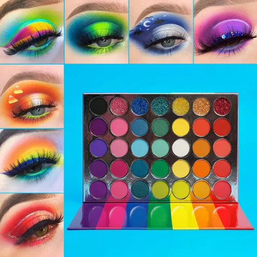 Miniatura 8 de Afflano Paleta de sombra de ojos arcoíris con purpurina prensada mate, paletas de sombra de ojos pigmentadas coloridas, rosa, rojo, naranja