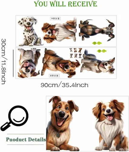 Miniatura 4 de Calcomanías de pared con diseño de seis razas de cachorros, calcomanías de pared de perros de dálmata, Husky Border Collie, Bulldog Francés