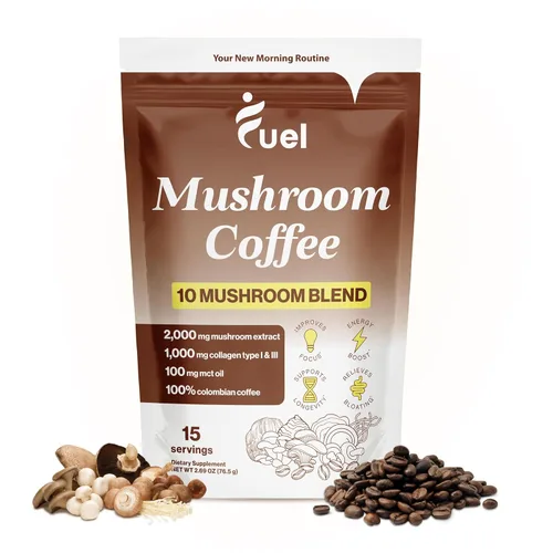 Fuel Nutrition Café instantáneo orgánico con colágeno y hongos, café instantáneo orgánico bajo en cafeína, 15 porciones