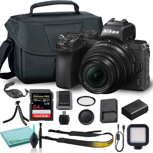 Nikon Cámara digital sin espejo Z50 con lente de 0.630-1.969 in (1633) + bolsa para cámara + filtro UV de 1.811 in + tarjeta de memoria Extreme PRO