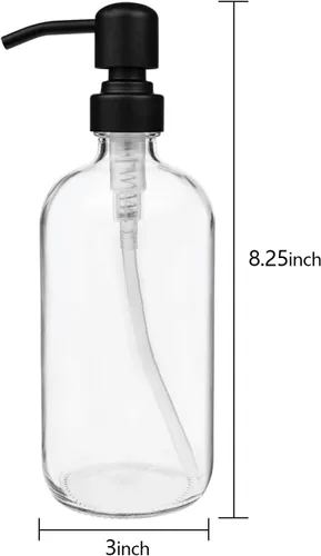 Miniatura 2 de Paquete de 4 dispensadores de jabón de vidrio con bomba de acero inoxidable negro mate, botellas redondas Boston transparentes de 16 onzas