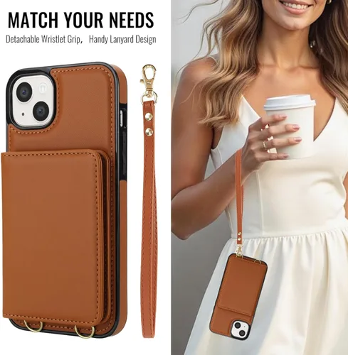 Miniatura 3 de Funda de teléfono para iPhone 13 Mini de 5.4 pulgadas con protector de pantalla, correa cruzada para muñeca, bloqueo RFID, tarjetero de crédito