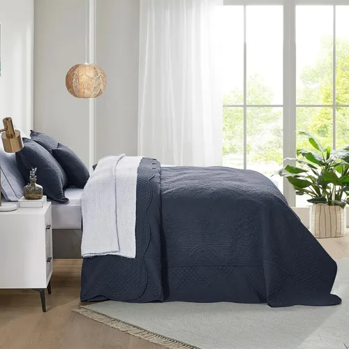 Miniatura 3 de HZ & HY Colcha tamaño King extragrande, juego de ropa de cama ultrasónica, edredón ligero y delgado, reversible, 5 piezas, 100% microfibra, azul