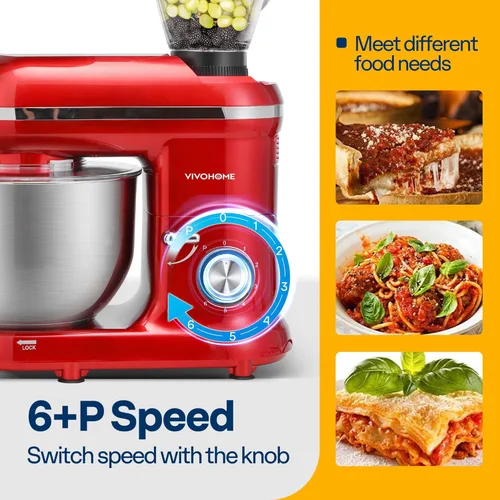 Miniatura 6 de VIVOHOME - Batidora de mesa 3 en 1, mezclador eléctrico de cocina con cabezal inclinable de 6 cuartos de galón con tazón, mezclador de alimentos Rojo