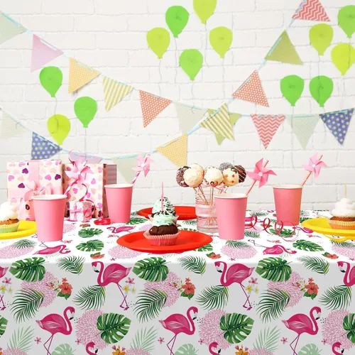 Miniatura 6 de Paquete de 3 manteles de verano con diseño de flamenco para fiestas, mantel de plástico tropical hawaiano, mantel desechable Luau para verano