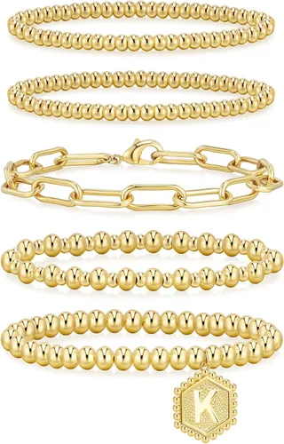 Miniatura 18 de adoyi - Pulseras de oro para mujer, impermeables, con cuentas de bolas chapadas en oro de 14K, pulseras ajustables apilables para regalos