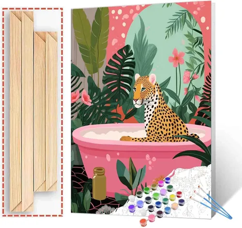 Miniatura 18 de Pintura por números para adultos, baño, animales, bricolaje, pintura al óleo digital, pintura acrílica, cebra, arte de pared, hojas verdes, bañera