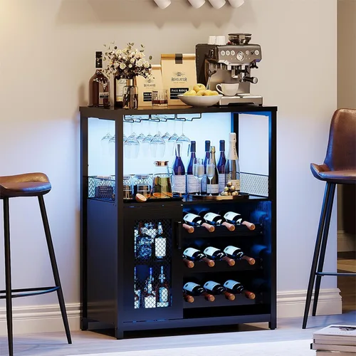 Miniatura 12 de IDEALHOUSE Armario de bar de vinos de 3 niveles con estante de vino desmontable y espacio de almacenamiento, gabinete de buffet con soporte de Gris