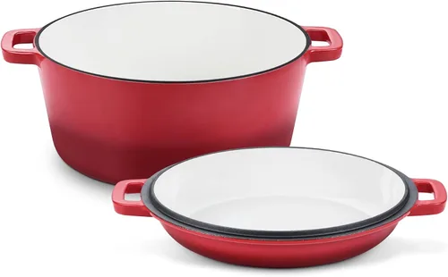 TeamFar Horno holandés de hierro fundido esmaltado 2 en 1, olla holandesa de 5 cuartos de galón con tapa de sartén para hornear pan, estofado, Rojo
