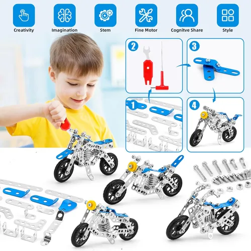 Miniatura 3 de BESTYMXY Kit de construcción modelo de motocicleta, 5 en 1 de metal para motos STEM, juguetes de construcción para niños de 8 a 12 años, ensamblaje
