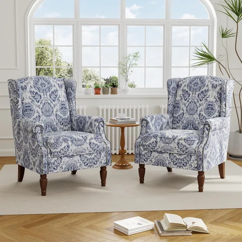 Miniatura 26 de Silla reclinable tapizada, sillón de ala floral con respaldo y reposapiés ajustables, cómoda silla decorativa para leer, sofá individual