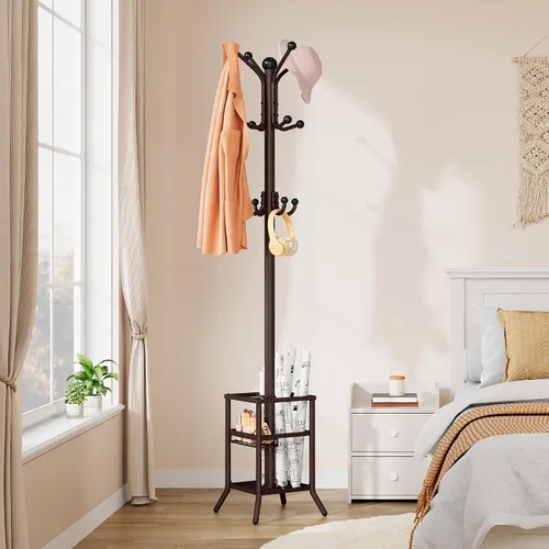 Miniatura 6 de FAVOOSTY Perchero independiente, soporte de perchero con portaparaguas, árbol de abrigos de metal con 12 ganchos, árbol de ropa y sombrero