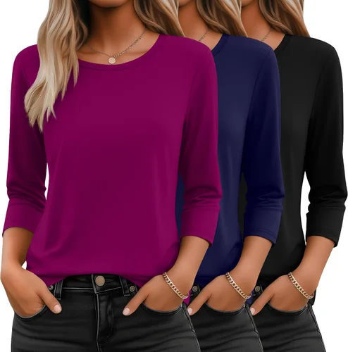 Miniatura 27 de Ficerd Paquete de 3 camisetas de manga 3/4 para mujer, cuello redondo, camisetas básicas elegantes, casuales, modernas, holgadas