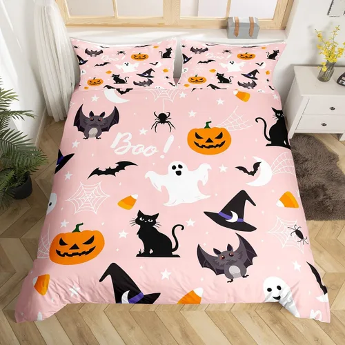 Miniatura 14 de Juego de ropa de cama de Halloween, funda de edredón gótica de murciélagos negros con telarañas, funda de edredón individual, diseño de arañas