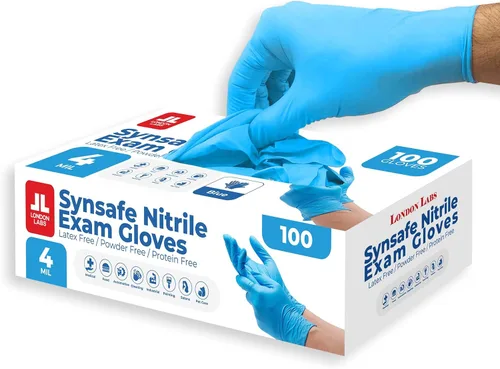 London Labs Synsafe - Guantes de examen de nitrilo azul de 4 mil, desechables, sin látex y sin polvo, extra fuertes, guantes de goma