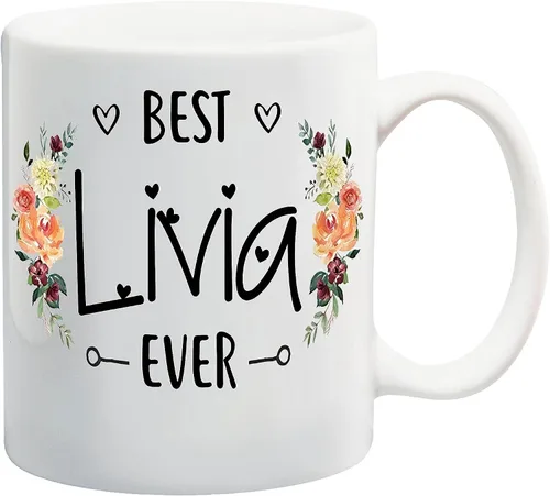 Livia Ever - Taza de café personalizada con nombre para mujeres y niñas, taza de café con nombre, diseño floral, regalo personalizado para ella,