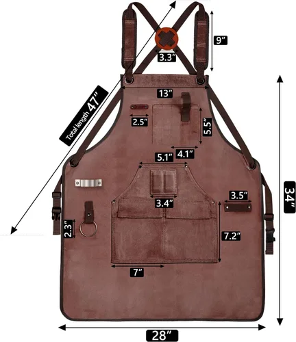 Miniatura 6 de Delantal de carpintería para hombres, delantal de trabajo de lona de 20 onzas con 9 bolsillos para herramientas, delantal de trabajo de madera Marrón