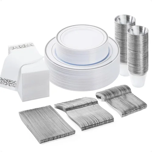 Miniatura 8 de BESTVIP Juego de vajilla desechable de 700 piezas en color dorado claro para 100 invitados, platos de plástico para fiesta, boda, Navidad, Incluye
