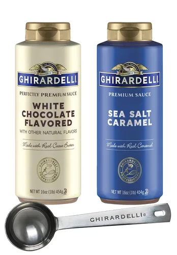 Ghirardelli Botellas exprimibles de salsa con sabor a caramelo y chocolate blanco, 16 onzas (paquete de 2) con cuchara de barista estampada