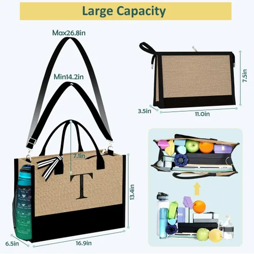 Miniatura 4 de Jute Initial Tote Bag Burlap Beach Bag Personalized Birthday Gifts for Women Teacher Mom Bridal Bridesmaid Gifts
