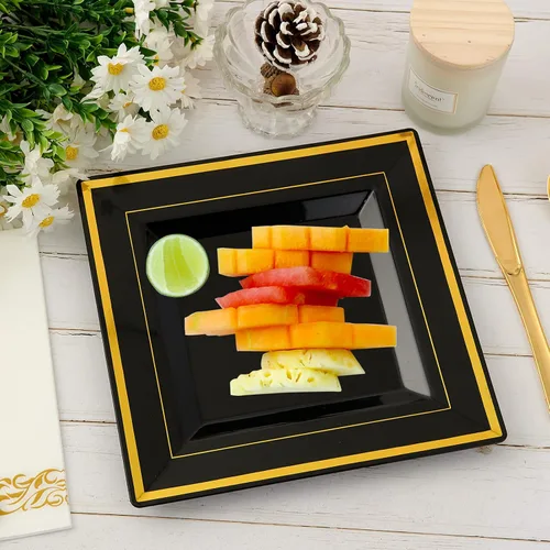 Miniatura 4 de JOLLY CHEF Paquete de 60 platos de plástico para cumpleaños de Halloween, plástico cuadrado dorado con elegante borde dorado de 9.5 pulgadas, platos