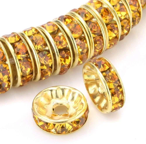 Miniatura 17 de RUBYCA 100 unidades de cuentas espaciadoras redondas estilo Rondelle en tono dorado de 10 mm, cristal checo AB blanco
