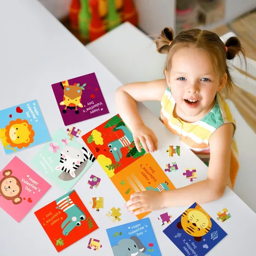Miniatura 3 de Tarjetas de rompecabezas para el día de San Valentín para niños, paquete de 27 tarjetas de rompecabezas de animales con sobres y calcomanías a