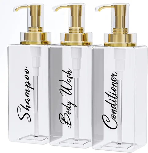 Akalin Dispensador de champú y acondicionador brillante de 16 onzas, juego de 3 botellas brillantes recargables de champú y acondicionador con