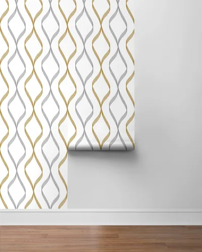 Miniatura 8 de NextWall Ogee Ribbon - Papel tapiz autoadhesivo (plateado y dorado)